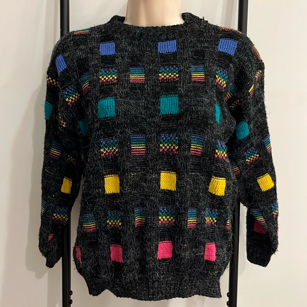 Vintage 90s Metrix Abstract Check Knit Jumper Sweater Kids Size L (14) Grandpa